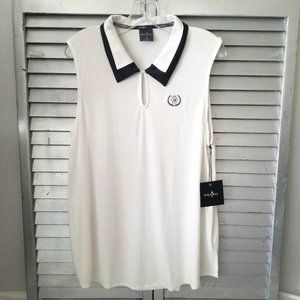 NWT BELYN KEY Womens XL Keyhole Collared Sleeveless Golf Shirt Ivory Black